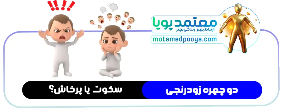 از زودرنجی تا قاطعیت: راهنمای جامع مدیریت حساسیت های عاطفی 3 تصویر سهبعدی فانتزی از دو نوع زودرنجی؛ واکنش درونریز مانند سکوت و خودخوری در کنار واکنش برونریز مانند خشم و پرخاشگری.